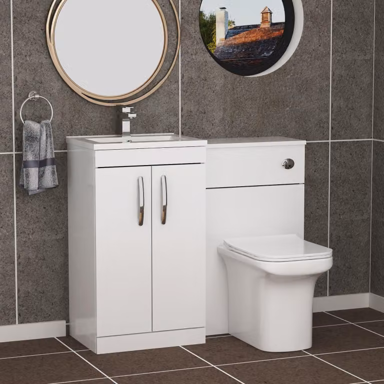 Royal Bathrooms Turin 1000mm Gloss White 2-Door Minimalist Basin and Crosby Back to Wall Toilet Pack