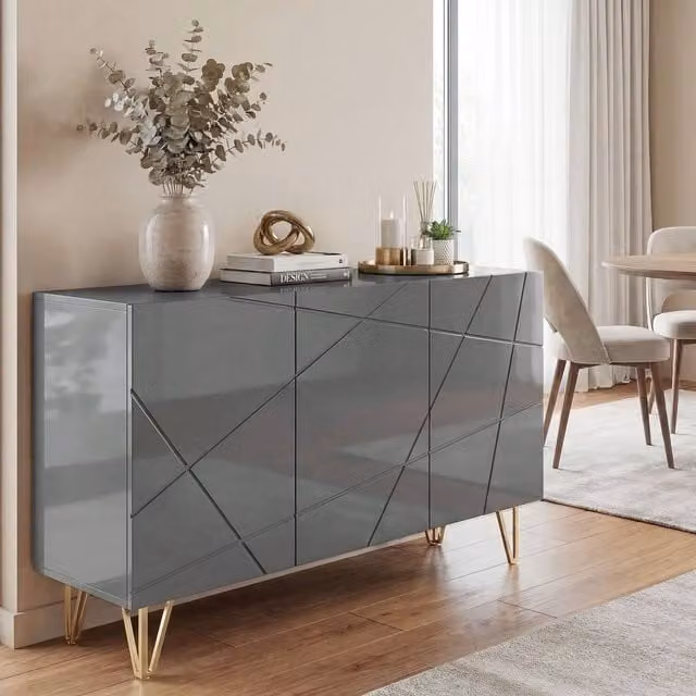 HOMCOM High Gloss Grey Sideboard Storage Cabinet with Adjustable Shelves and Gold Accents