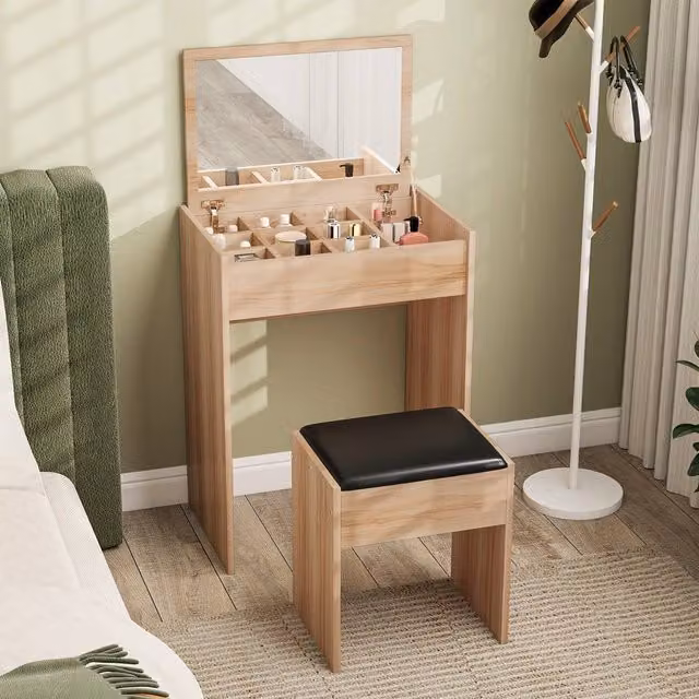 HOMCOM Dressing Table Set with Flip-up Mirror and Padded Stool in Natural Brown