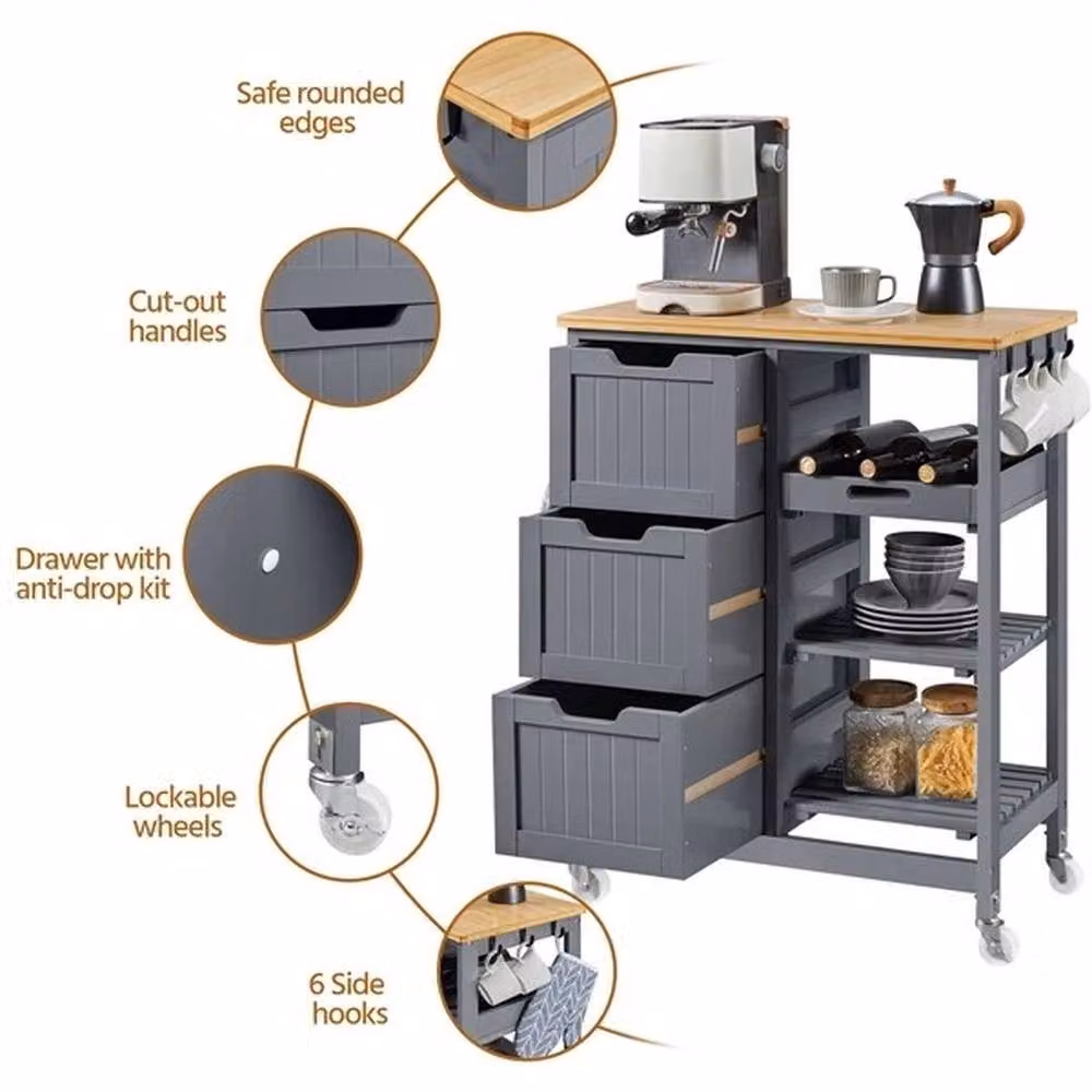 KORVIXA Rolling Kitchen Cart Island with 3 Shelves, Grey, W/D/H: 100 x 15 x 84.5 cm – 4
