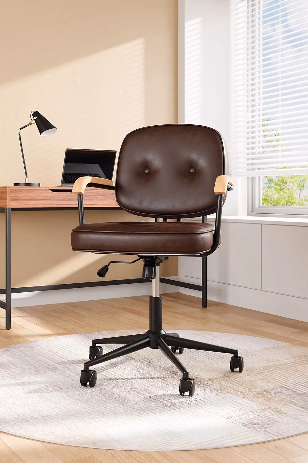 Living and Home Brown Leather Mid-Century Executive Swivel Office Chair with Wood Armrests – 2