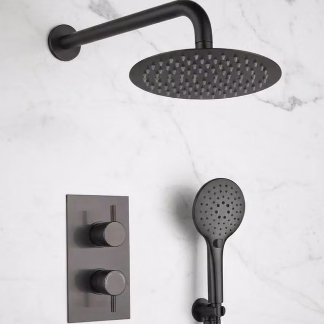 Bathroom Kingdom Avon Gunmetal Round Thermostatic Shower Set with 250mm Overhead Shower and Hand Shower in Grey