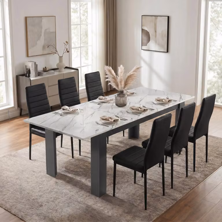 DHS Milo Extendable Dining Table Set with 6 Chairs in White Marble Effect and Black