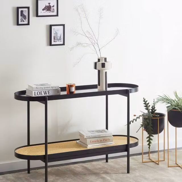 Wyld Haus Viennese Console Table with Black Glass Top, W: 120 cm, D: 42 cm, H: 76 cm