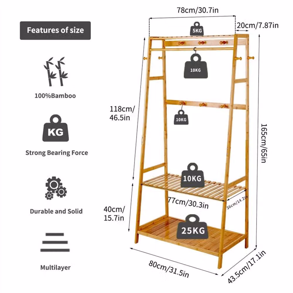 PAWNORA Bamboo Wardrobe Ladder Clothes Rack in Natural Wood, W/D/H: 80 x 43.5 x 165 cm – 2