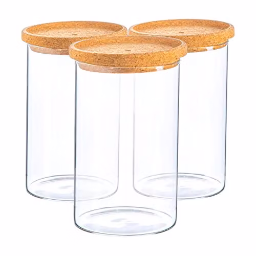 Argon Tableware Scandi Glass Storage Jars with Cork Lids, 1 Litre, 3 Pack, Transparent