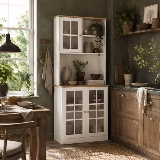 Wyld Haus Somire White and Oak Kitchen Storage Cabinet with Glass Doors