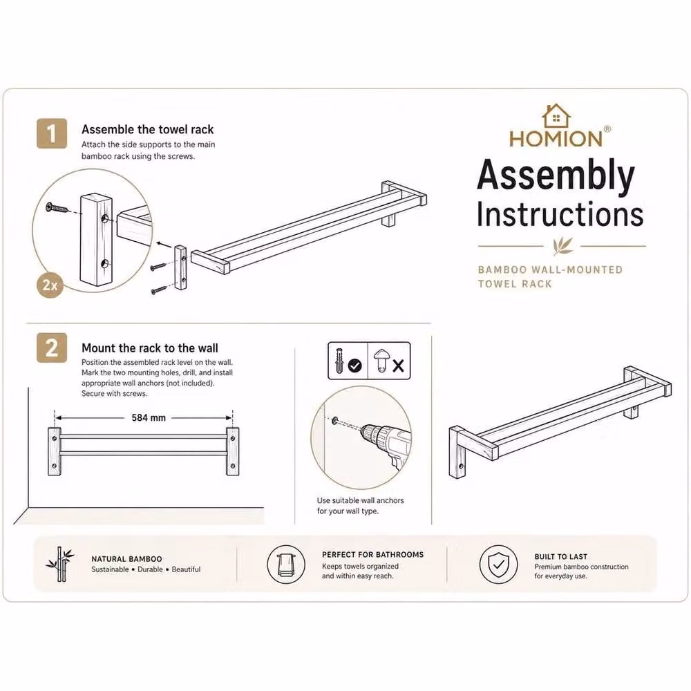 FORGEVIO Bamboo Double Bar Wall Mounted Towel Rail Holder in Natural Brown, Width: 60 cm, H x W x D: 180 x 60 x 180 cm – 1