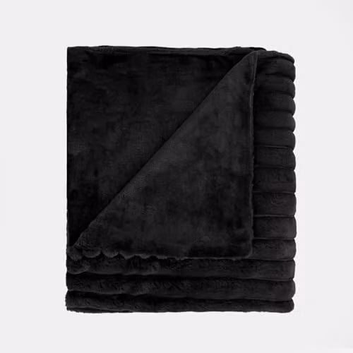 OHS Faux Fur Ribbed Fleece Throw Blanket, Black, W/D/H: 150 x 200 cm – 3