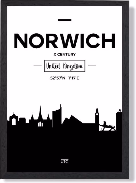 ARTZE Norwich Black and White City Skyline Framed Print, A3 – 1
