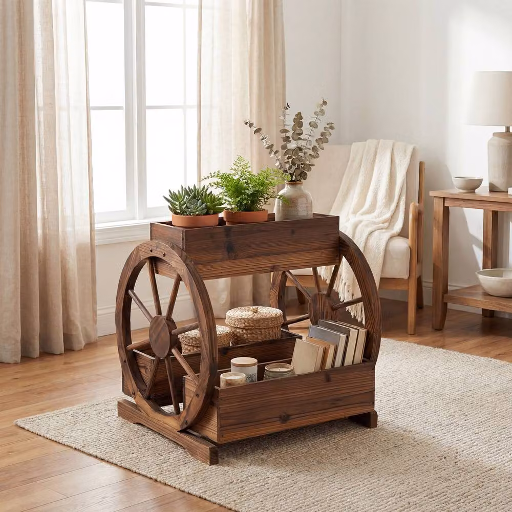 Costway Rustic Wood 2-tier Raised Garden Bed Wagon Planter with 3 Growing Boxes in Brown – 8