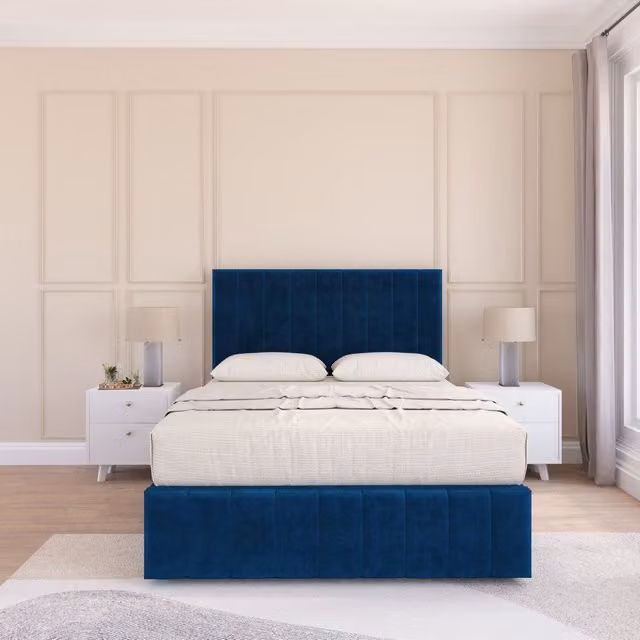 Sloomy California Divan Bed Set with Matching Footboard in Navy Blue Plush Velvet, King Size (W/D: 180 x 200 cm)