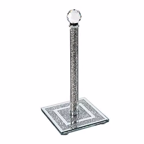 London Boutique Free Standing Crystal Kitchen Roll Holder with Crushed Diamond Sparkle and Weighted Metal Base in Silver and Blue, Height: 29.97 cm