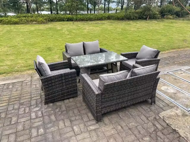 Fimous 6 Seater Dark Grey High Back Rattan Outdoor Sofa and Dining Table Set