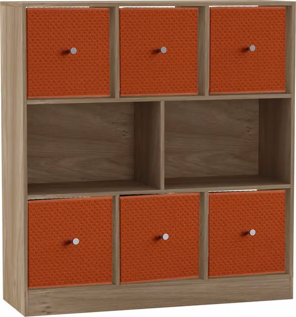 URBNLIVING 8 Oak Cube Bookcase with 6 Orange Fabric Storage Drawer Inserts