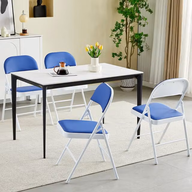 MCC Direct Set of 4 Blue Folding Dining Chairs with Metal Frame and Padded Synthetic Leather Seats