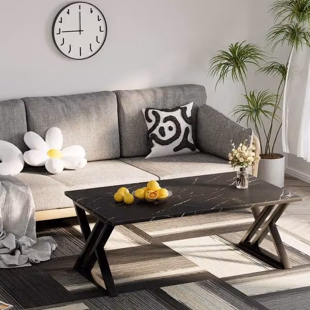 Huhote Modern Geometric Coffee Table with Black Metal Frame and Glass Top