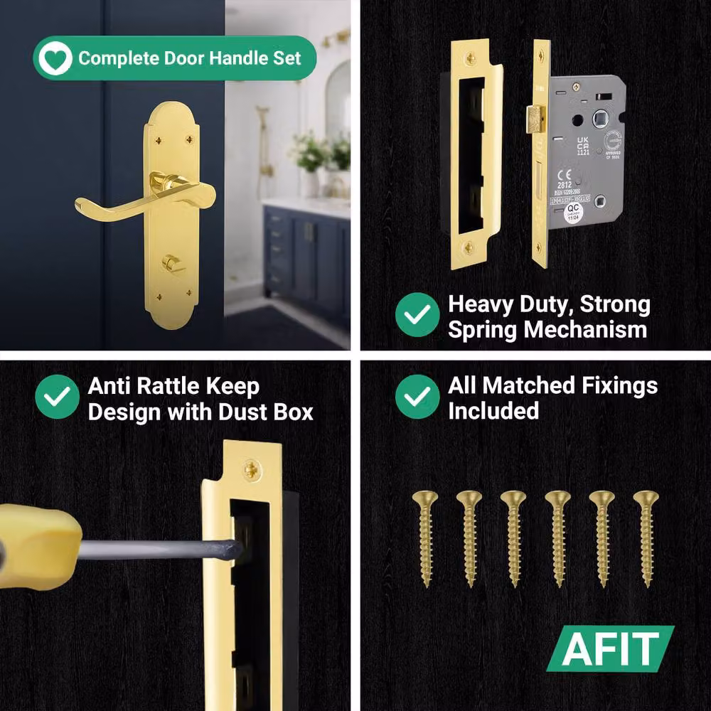 AFIT Polished Brass Bathroom Door Handle Set in Gold, 1 Pair, Plate Size: 15.0 x 15.0 cm – 2