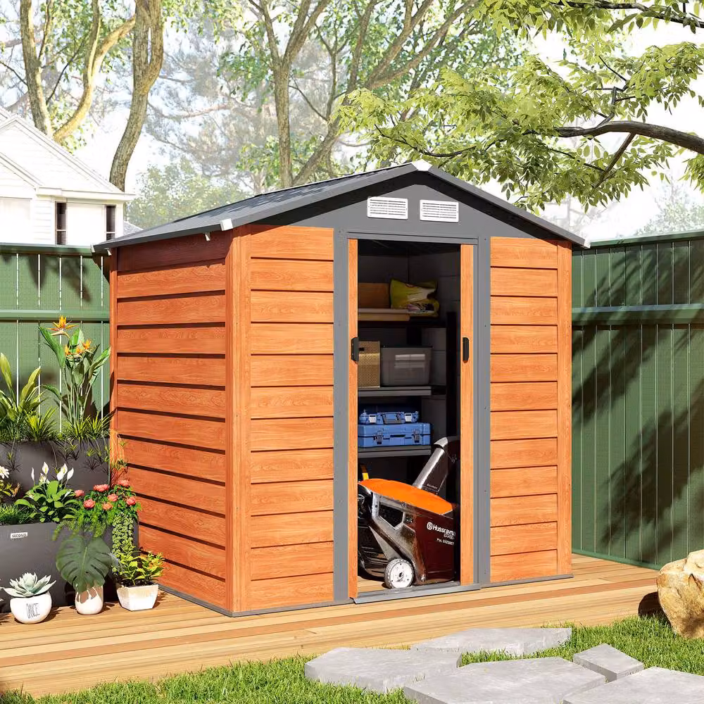 Rolipo Metal Garden Shed with Sliding Door and Vents, Brown, H 200 cm x W 152.4 cm x D 152.4 cm – 3