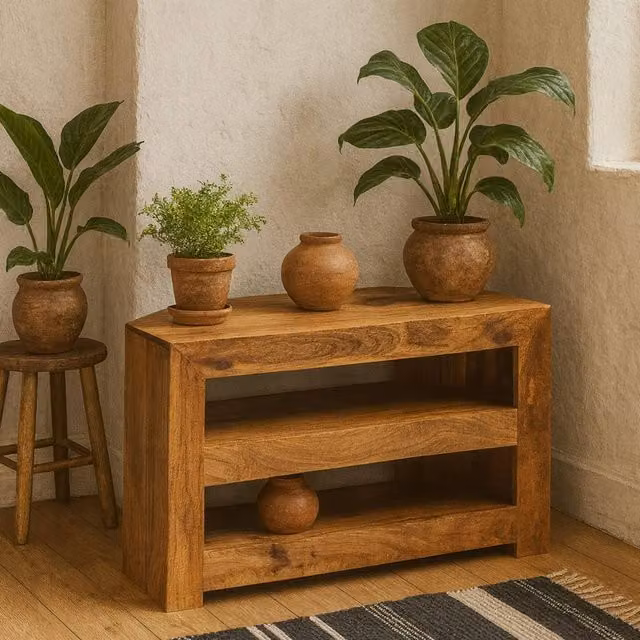 Wyld Haus Manila Corner TV Unit in Brown Light Mango Wood with Two Open Shelves W/D/H: 65 x 54 x 65 cm