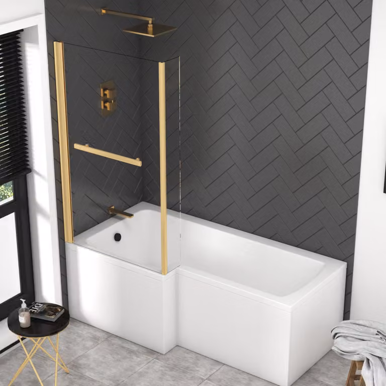 Qubix Left Hand L Shaped Asymmetric Shower Bath with Brushed Brass Screen, White, W: 160 cm, D: 85 cm