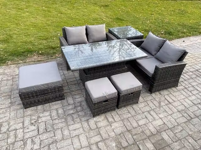 Fimous 7 Seater Wicker Rattan Garden Furniture Set with Rising Table, Side Table and 3 Footstools in Dark Grey Mixed