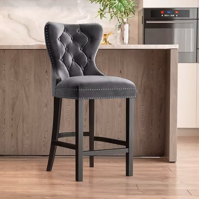 Livingandhome Grey Velvet Upholstered Bar Stools with Rubberwood Frame