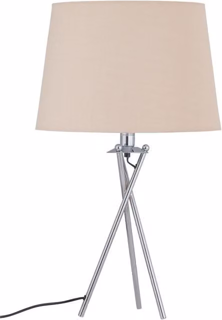 First Choice Lighting Tripod Table Lamp with Chrome Base and Beige Fabric Shade