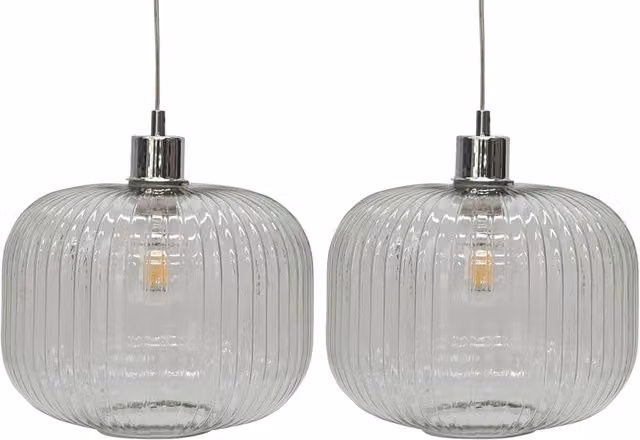 First Choice Lighting Batley Large Set of 2 Transparent Ribbed Glass Easy Fit Pendant Shades