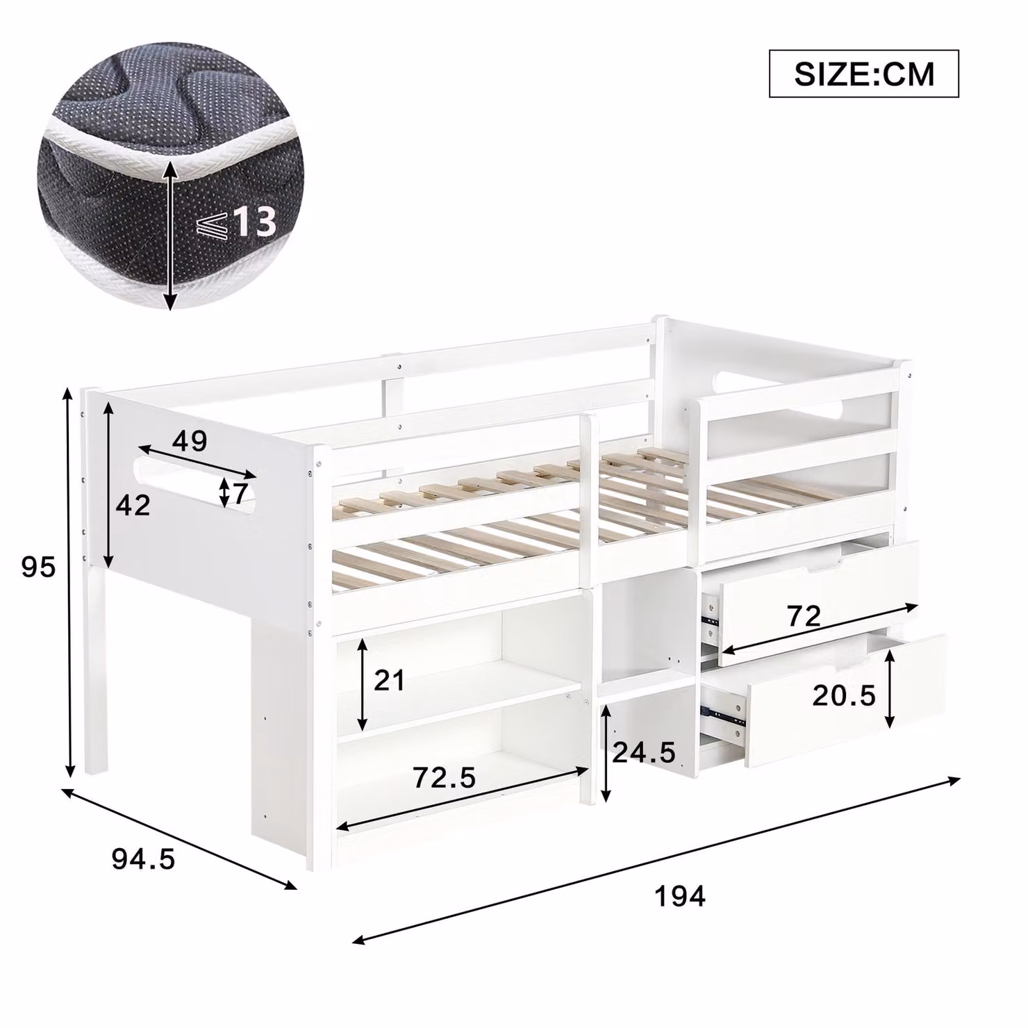 Aosom UK White Wooden Childrens 3ft Storage Bed with Safety Guardrail and 2 Drawers, W/D/H: 90 x 190 cm – 2