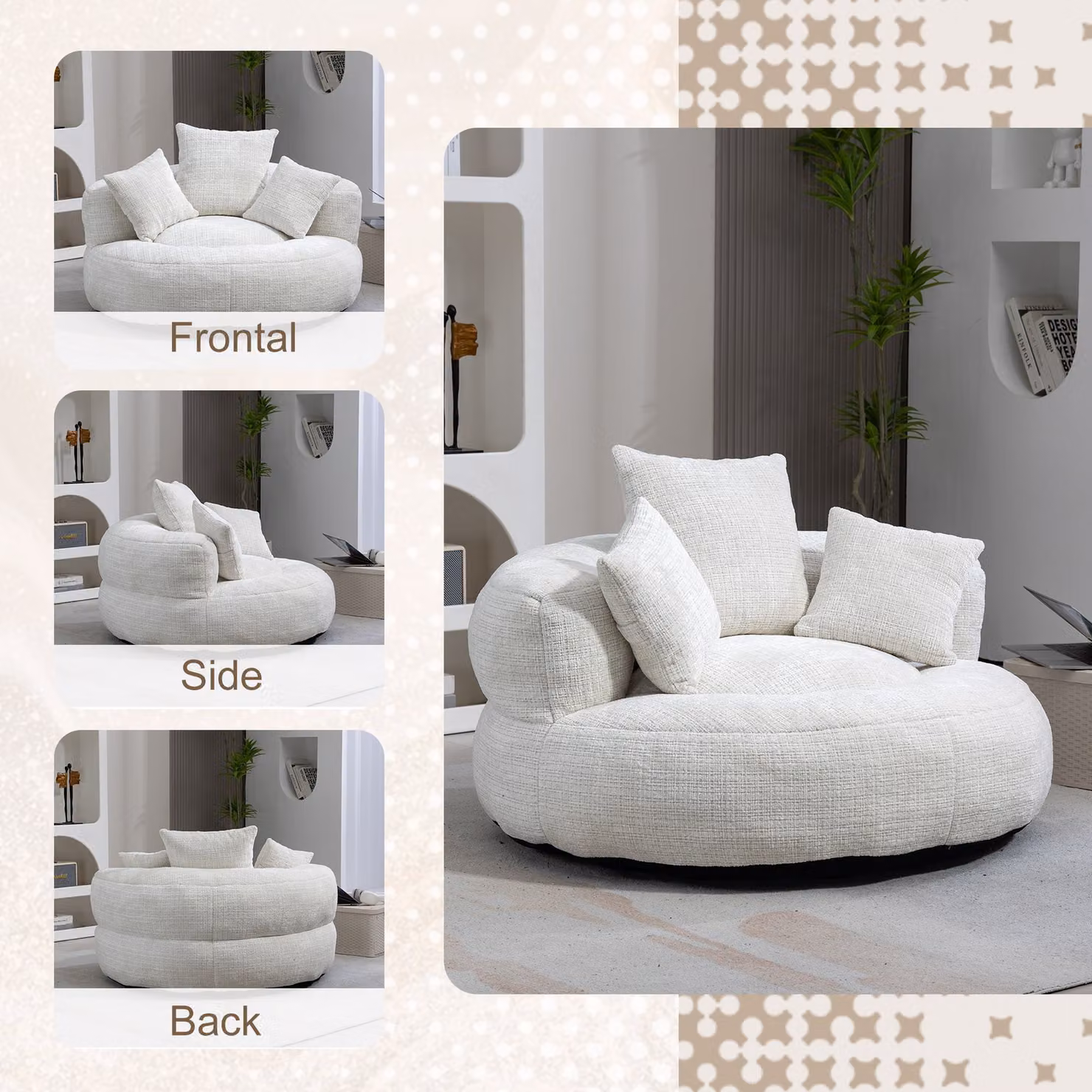 Aosom UK Modern Lazy Bean Bag Chair in Beige Chenille Fabric with Shredded Memory Foam, W/D/H: 108 x 108 x 52 cm – 3