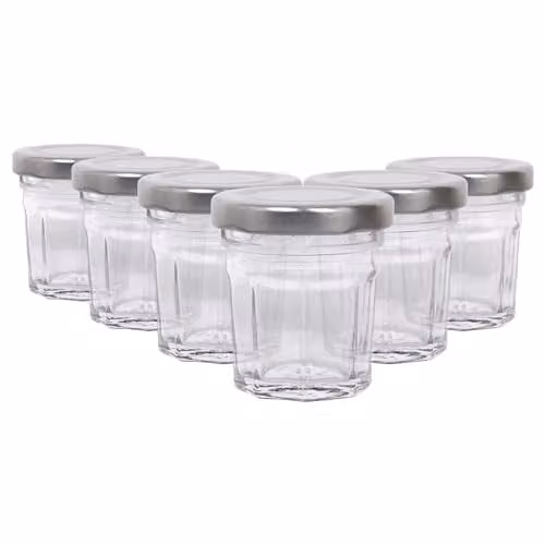 Argon Tableware Set of 6 Transparent Glass Screw Top Jars with Silver Metal Lids, 30ml – 1