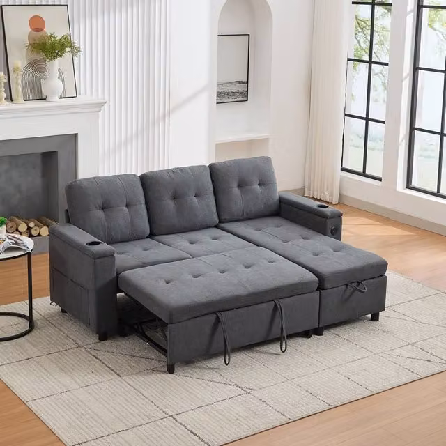 Matteo Grey L-Shaped Fabric Sofa Bed with Storage, USB Charging, LED Lighting and Cup Holders