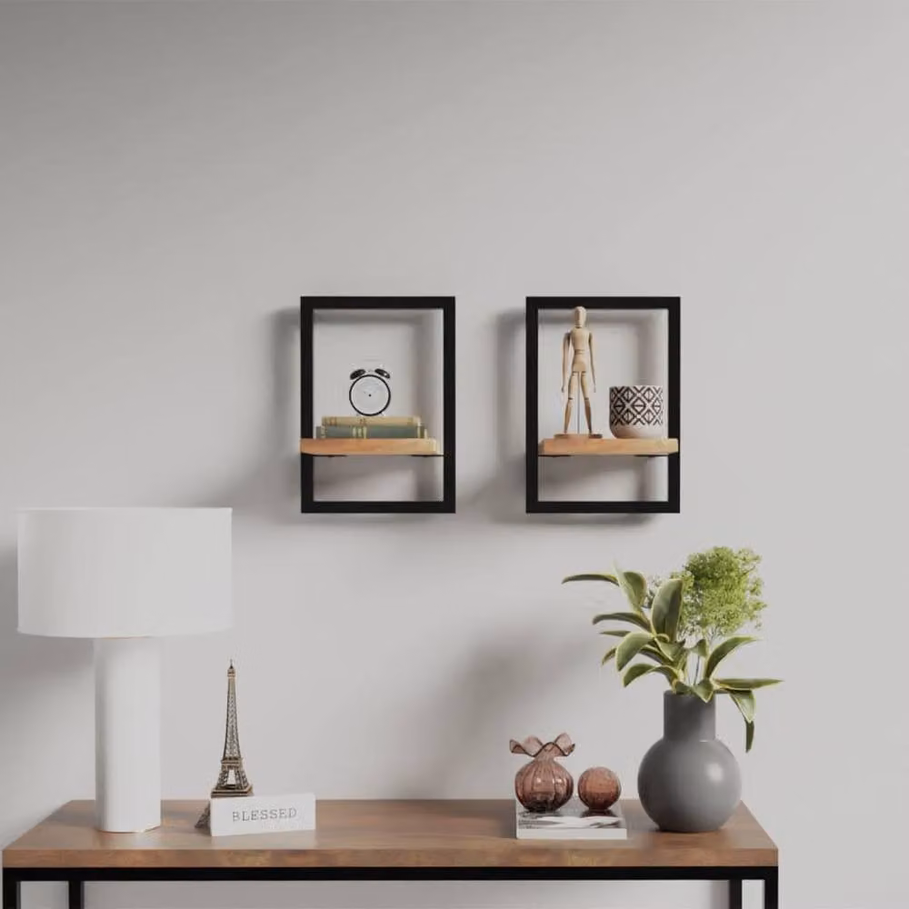 Berkfield Home Set of 2 Industrial Wall Mounted Shelves in Brown Acacia Wood and Steel, W/D/H: 25 x 25 x 35 cm – 2