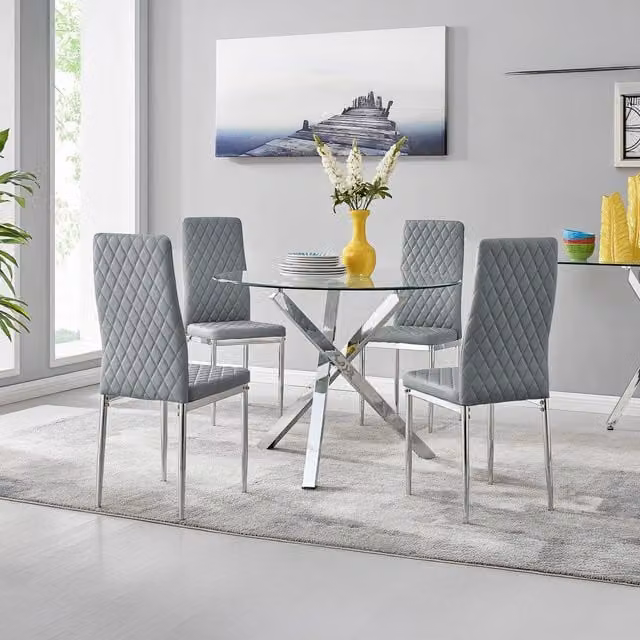 FurnitureboxUK Selina Chrome Round Glass Dining Table and Four Milan Chairs Set in Grey
