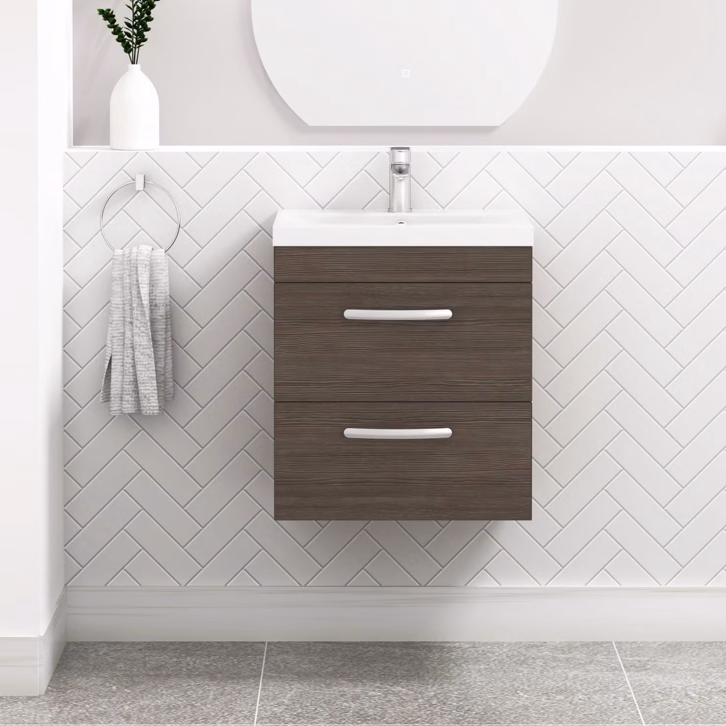 Royal Bathrooms Turin 500mm Wall Hung Vanity Unit in Grey Elm with 2 Drawers and Soft Close Doors
