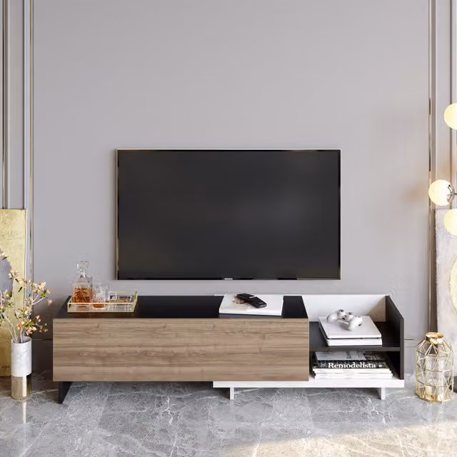 Decorotika Parion Modern Striped TV Cabinet in Black and White