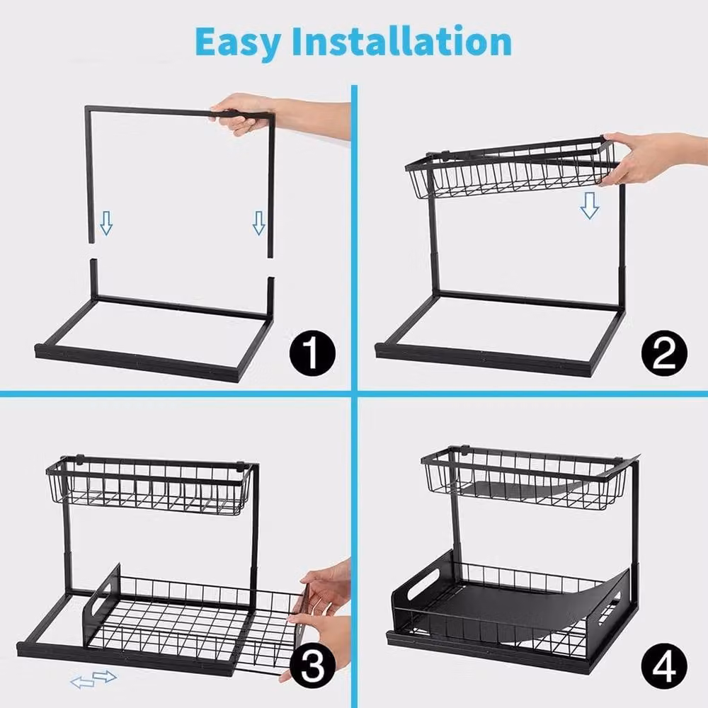 EONLION Black 2 Tier Metal Pull Out Basket Kitchen Under Sink Cupboard Organiser, Width: 100 cm – 4