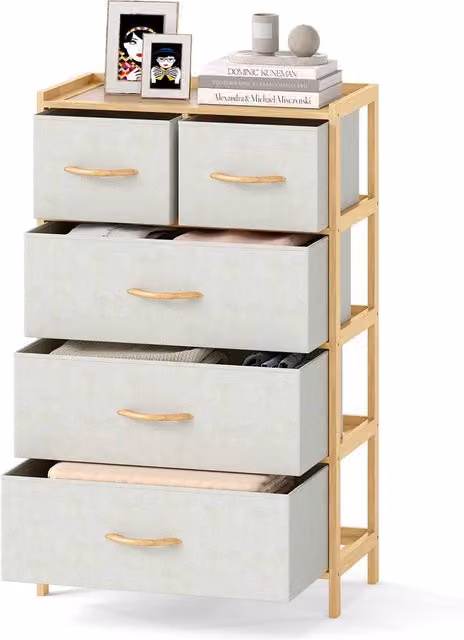 Gymax 5-Drawer Bamboo Vertical Chest of Drawers with Top Shelf in Light Beige