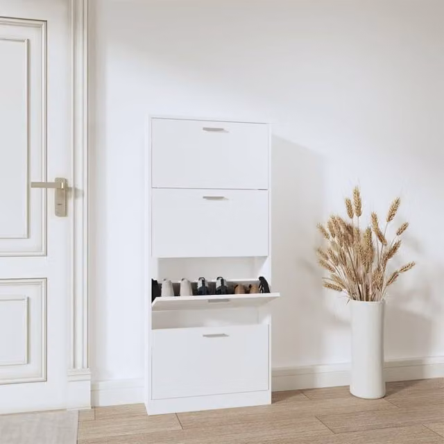 Berkfield Home White Modern Shoe Cabinet with Tilting Compartments and Drawers, W/D/H: 59 x 17 x 150 cm