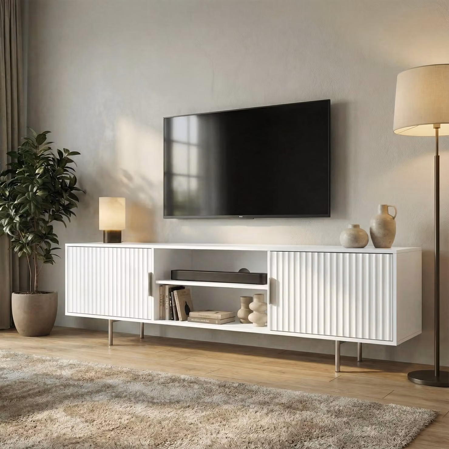 DHS Flutrina Modern White Lacquered TV Unit Cabinet W/D/H: 180 x 40 x 55 cm