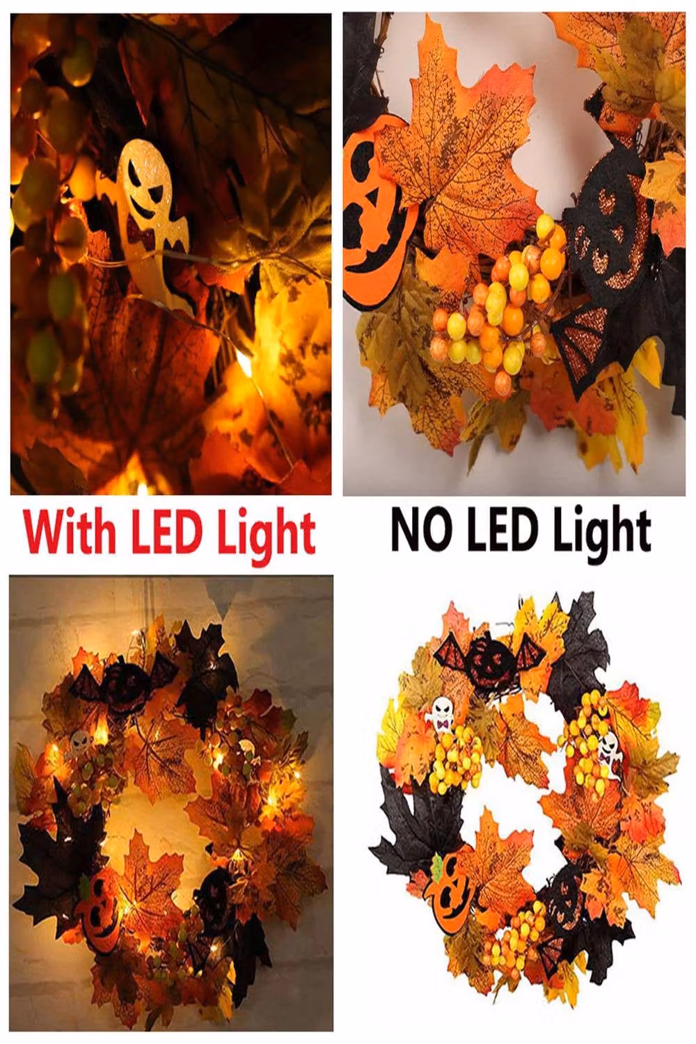 Garden Sanctuary Orange Halloween Decoration Wreath with LED Lights and Floral Leaves – 5