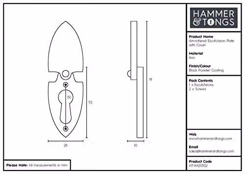 Hammer and Tongs Arrowhead Escutcheon Plate with Cover, Black Matt Iron, W: 30 mm, H: 55 mm, Pack of 10 – 5