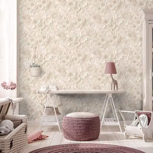 Muriva My Kingdom Origami Flowers 3D Textured Floral Wallpaper in Beige, Yellow and White