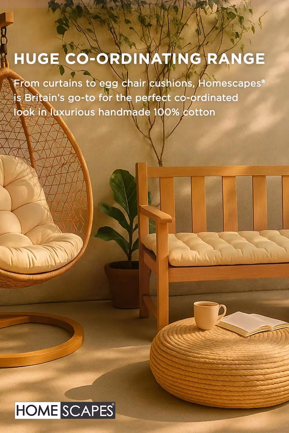 Homescapes Cream 2 Seater Garden Bench Cushion, W: 108 cm, D: 42 cm – 4