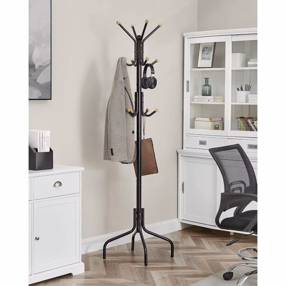 The Bazaarist Metal Coat Rack with 12 Hooks and 4 Leg Stand, Black – 3