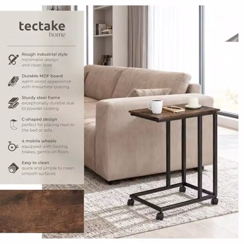 tectake C-Shaped Industrial Side Table with Steel Frame and Swivel Castors, Dark Wood and Black, W: 48 cm, D: 35 cm, H: 70 cm – 4