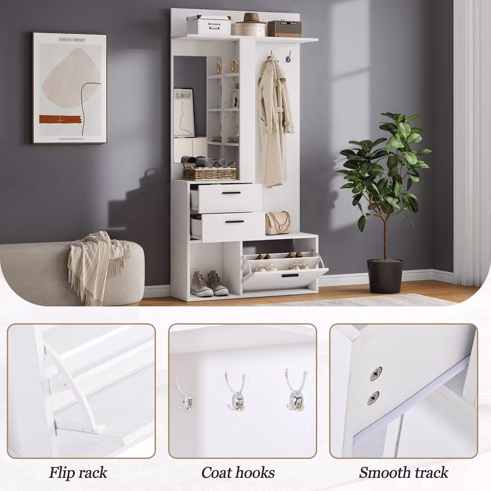 Merax Modern White Hall Tree Hallway Storage Unit with Mirror, Hooks and Shoe Cabinet, H 180 x W 80 x D 30 cm – 3