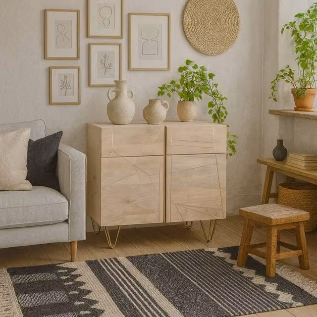 Wyld Haus Bali Mango Wood Sideboard in Light Natural Finish with Gold Inlays, W/D/H: 120 x 40 x 80 cm – 1