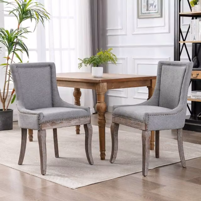 HomeTouch Bewley Set of 2 Grey Linen Upholstered Dining Chairs with Oak Wood Legs